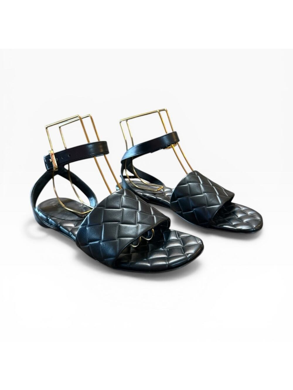 Bottega Veneta 'Amy' Black Leather Quilted Flat Ankle Strap Sandals EU 37 US 7